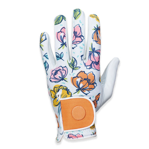 Women's Leather Golf Glove - Putting Up Poppies White with Magnetic Clasp