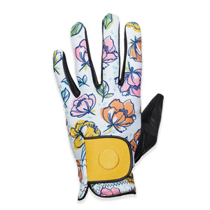 Women's Leather Golf Glove - Putting Up Poppies Black with Magnetic Clasp